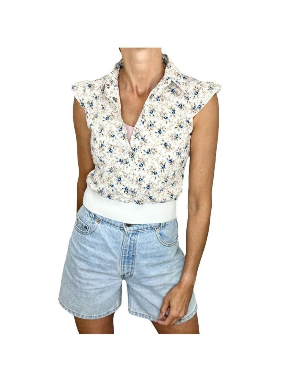 Rare Vtg Talula Aritzia 80s 90s white floral snap front flutter sleeve top S